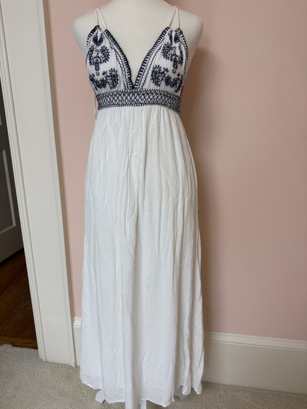 Lulu's White Maxi Dress with Navy Embroidered Bodice and Spaghetti Straps
